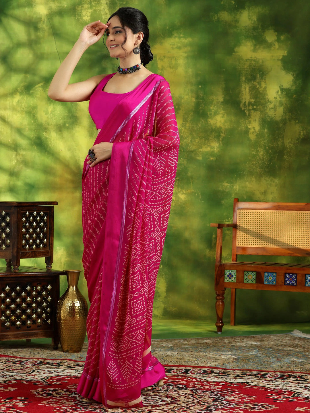 Pink Printed Satin Saree With Unstitched Blouse Piece - Libas 