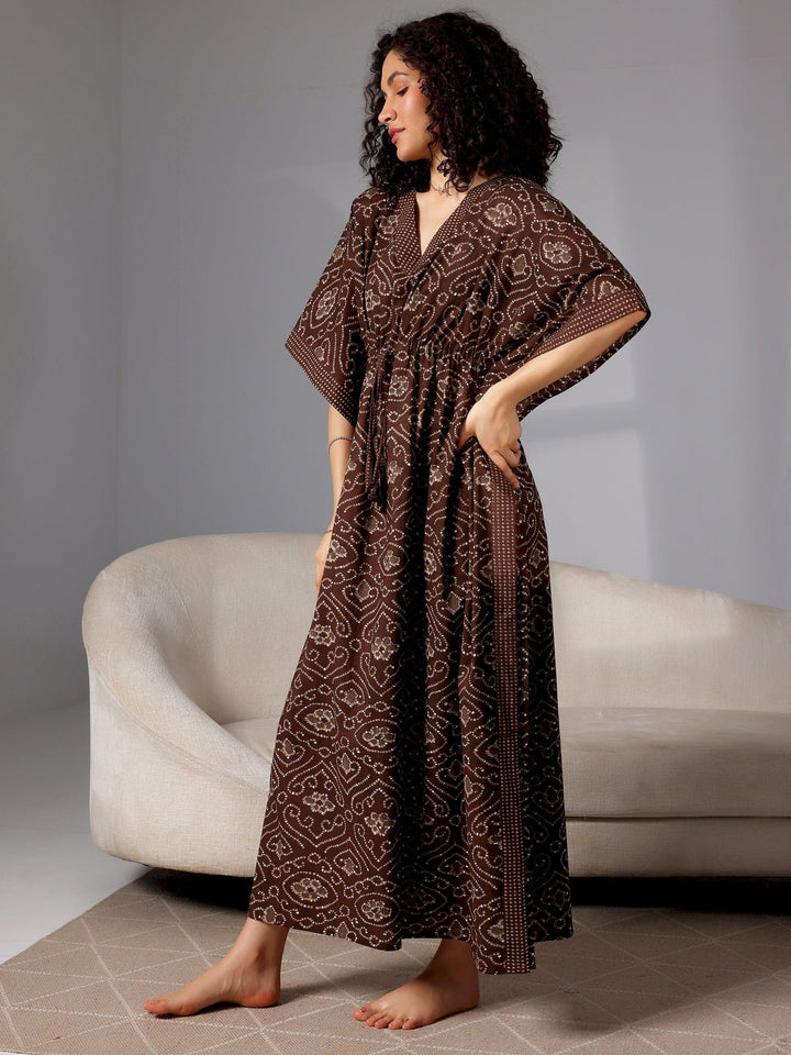 Brown Printed Cotton Kaftan Night Dress - Libas