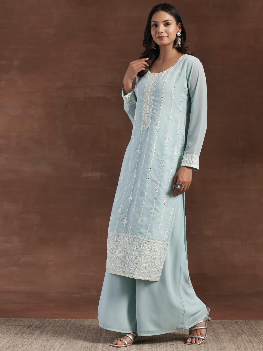 Blue Embroidered Georgette Straight Suit With Dupatta - Libas 