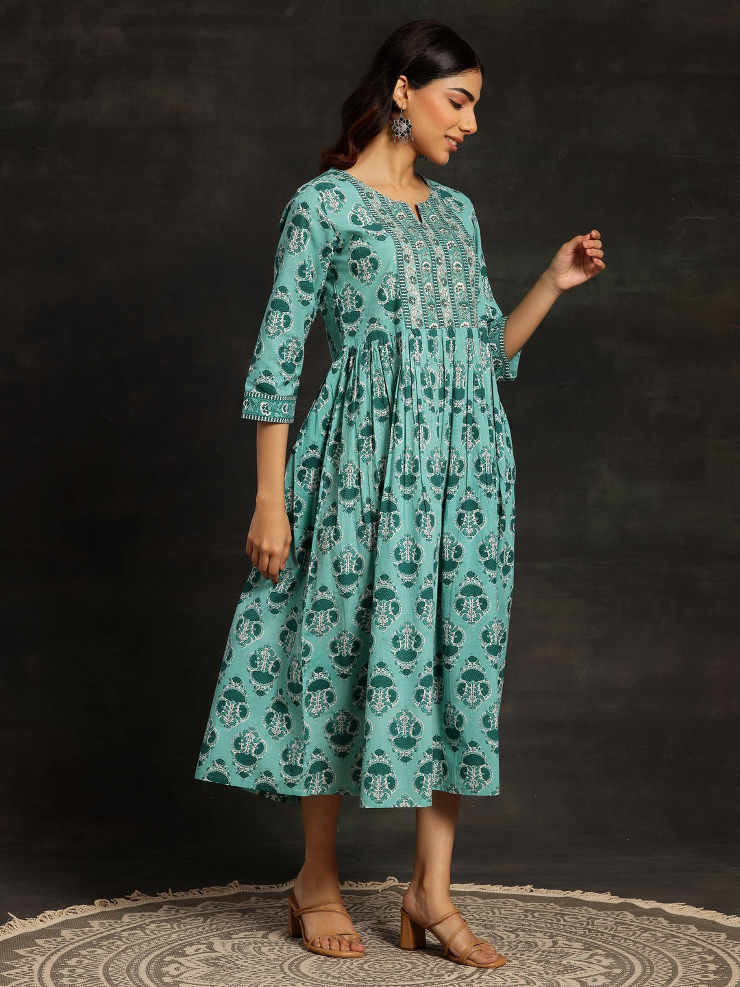 Sea Green Printed Cotton Fit and Flare Dress - Libas 