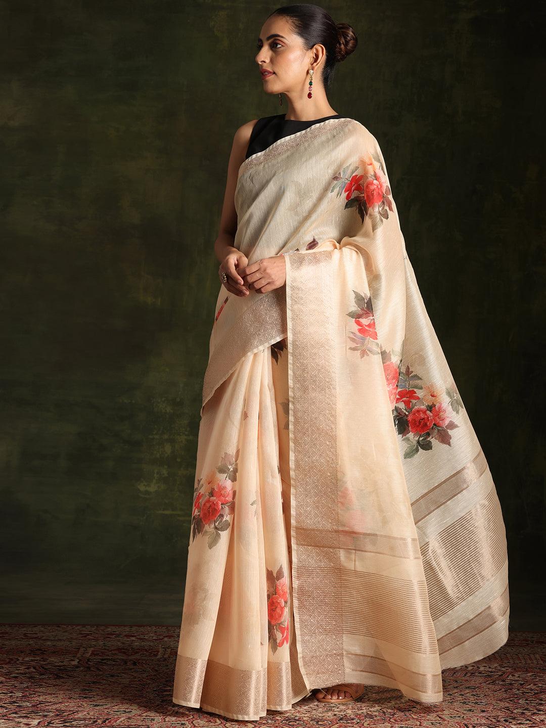 Yellow Printed Silk Blend Saree With Unstitched Blouse Piece - Libas 