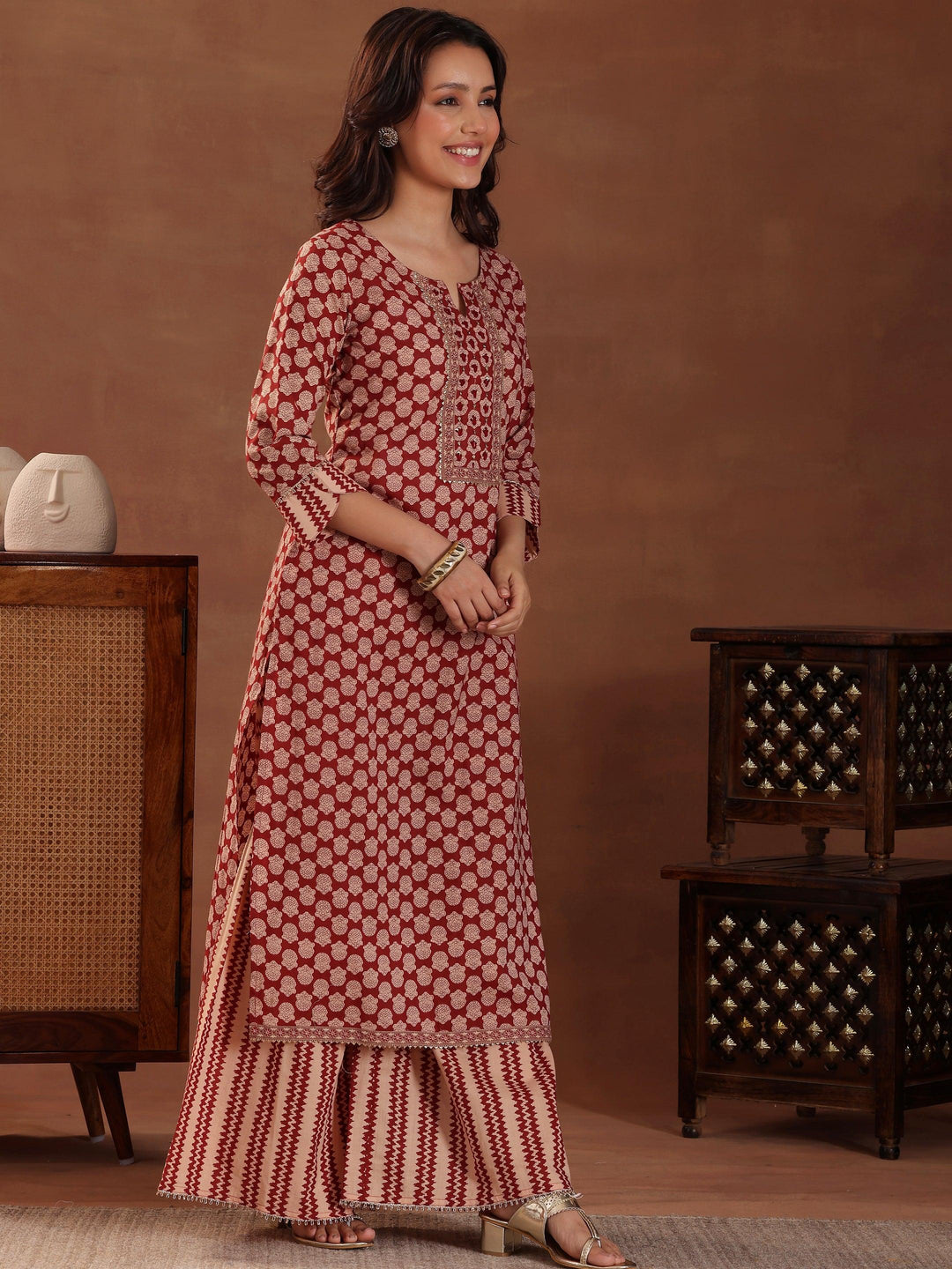 Maroon Printed Cotton Straight Suit With Dupatta - Libas