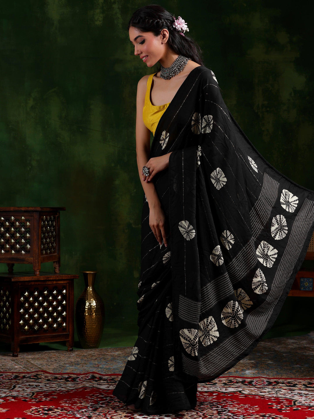 Black Printed Poly Chiffon Saree With Unstitched Blouse Piece - Libas 