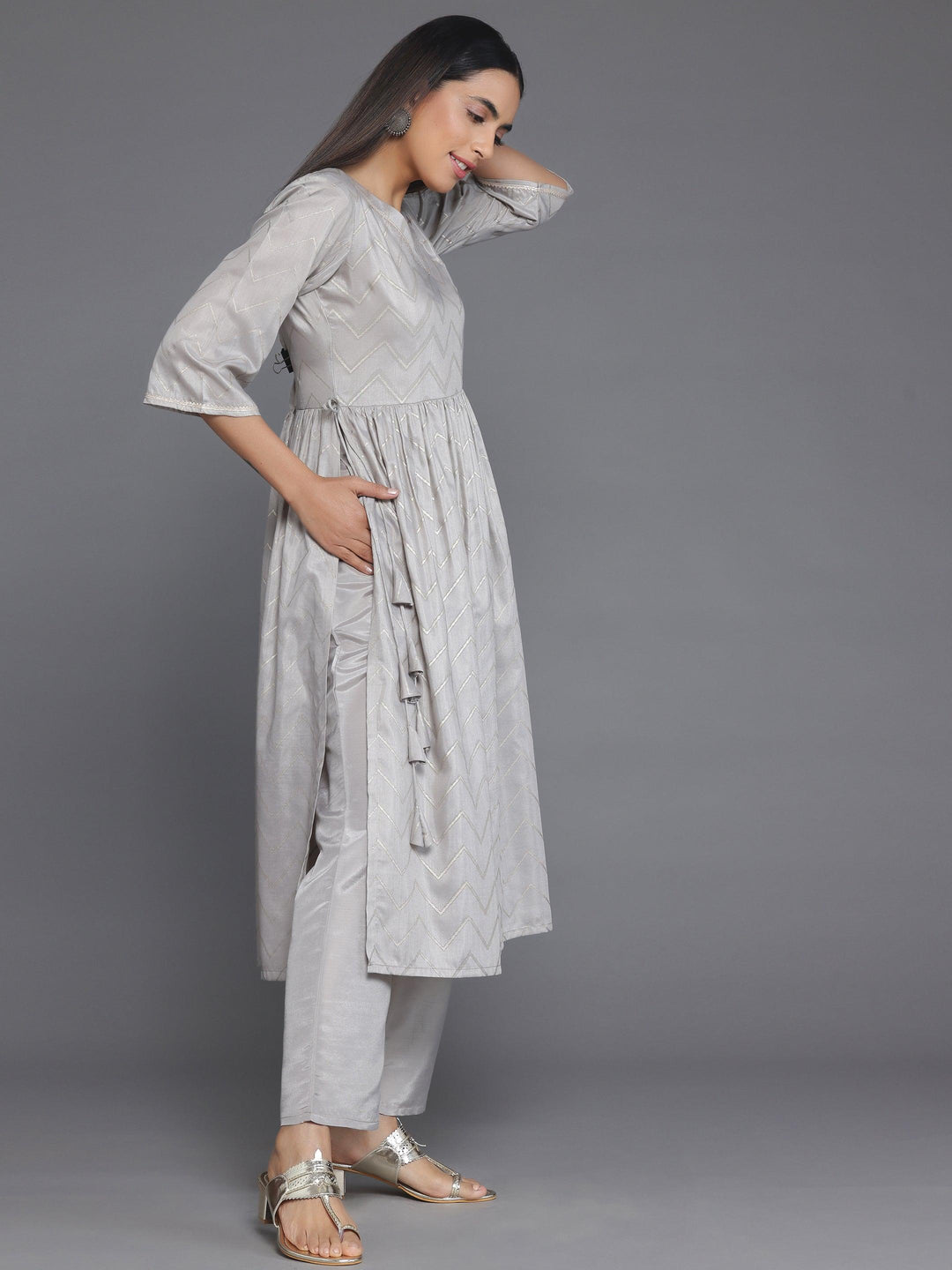 Grey Printed Silk Blend A-Line Kurta With Trousers - Libas