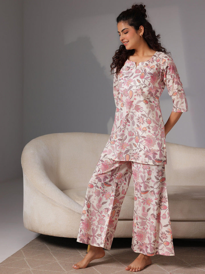 Cream Printed Cotton Night Suits - Libas