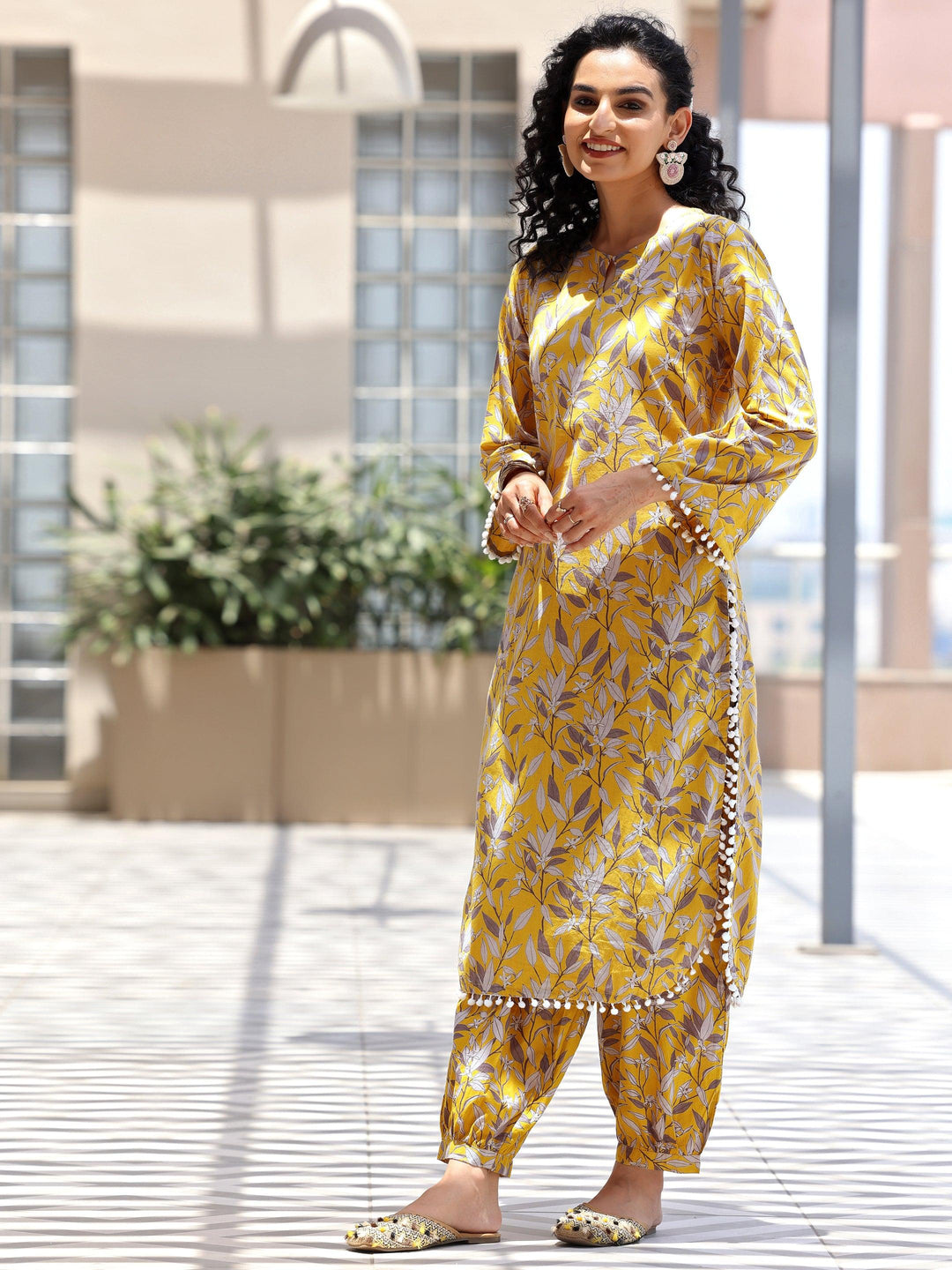 Mustard Printed Cotton Pathani Kurta Set - Libas 