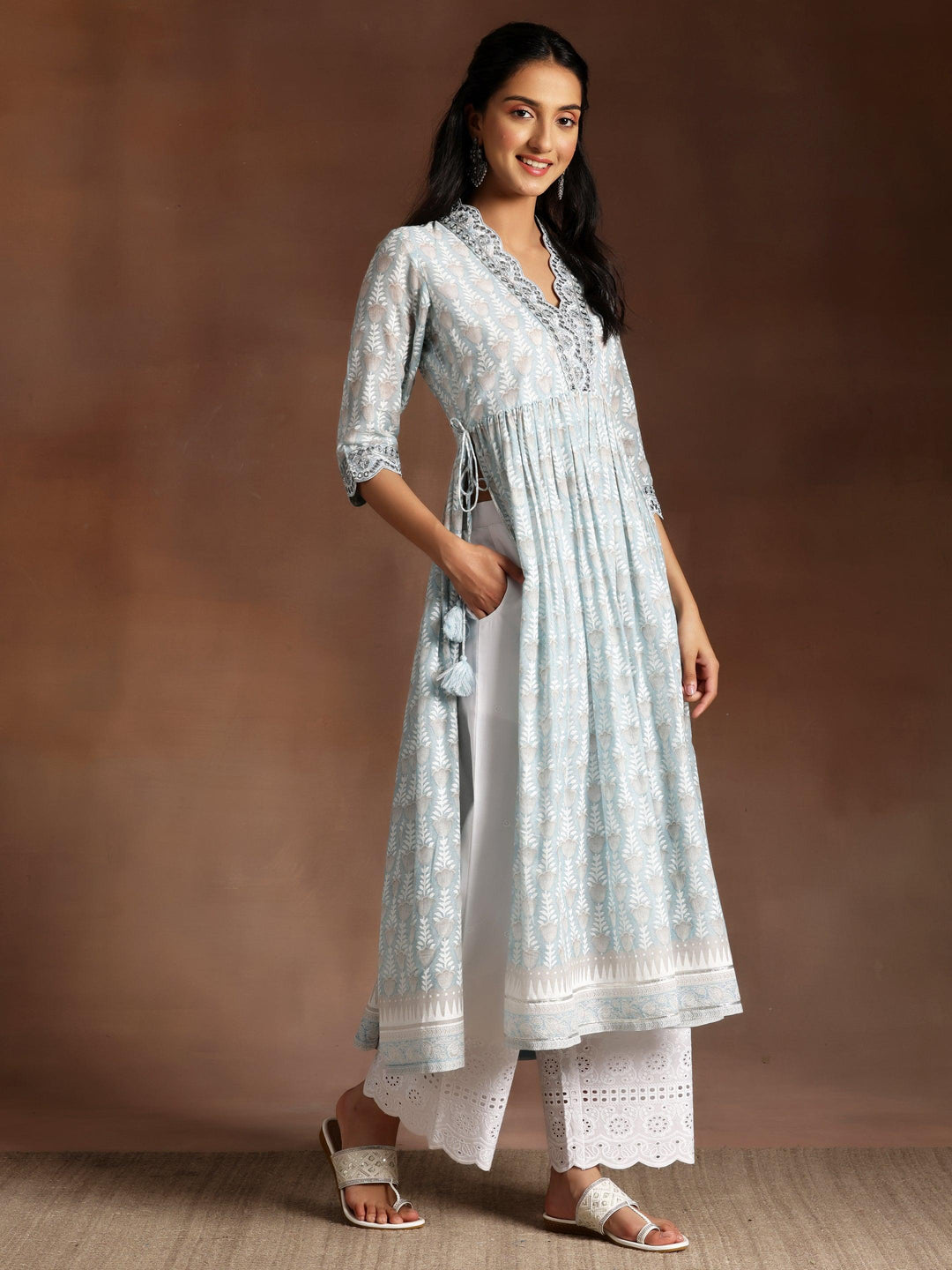 Grey Printed Cotton A-Line Kurta With Palazzos & Dupatta - Libas 