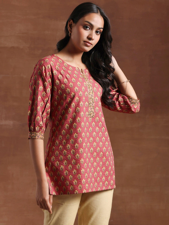 Pink Printed Cotton Straight Kurti - Libas