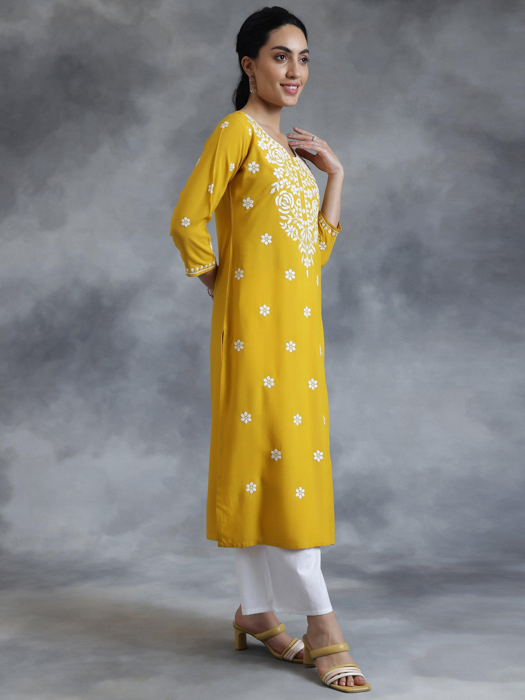 Mustard Embroidered Rayon Straight Kurta - Libas