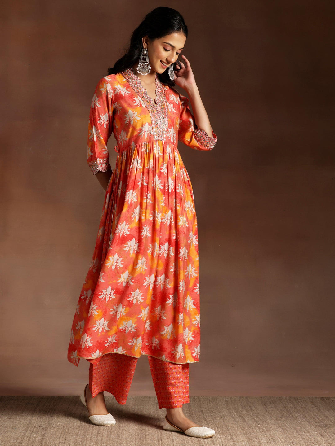 Saanjh Orange Printed Silk Blend A-Line Kurta With Palazzos & Dupatta - Libas 