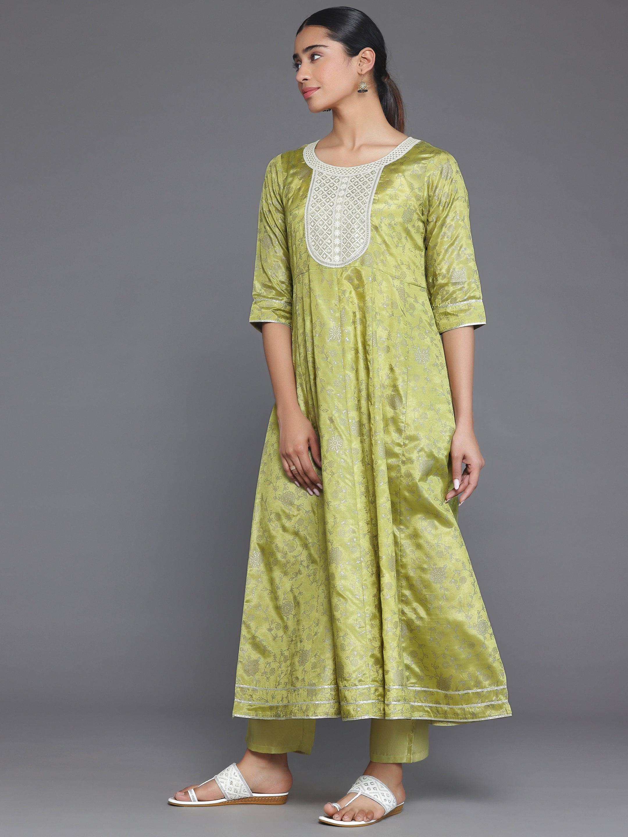 Green Printed Silk Blend A-Line Kurta With Trousers