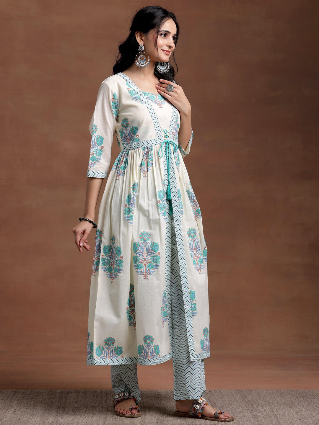 Off white Printed Cotton Straight Kurta Set - Libas 