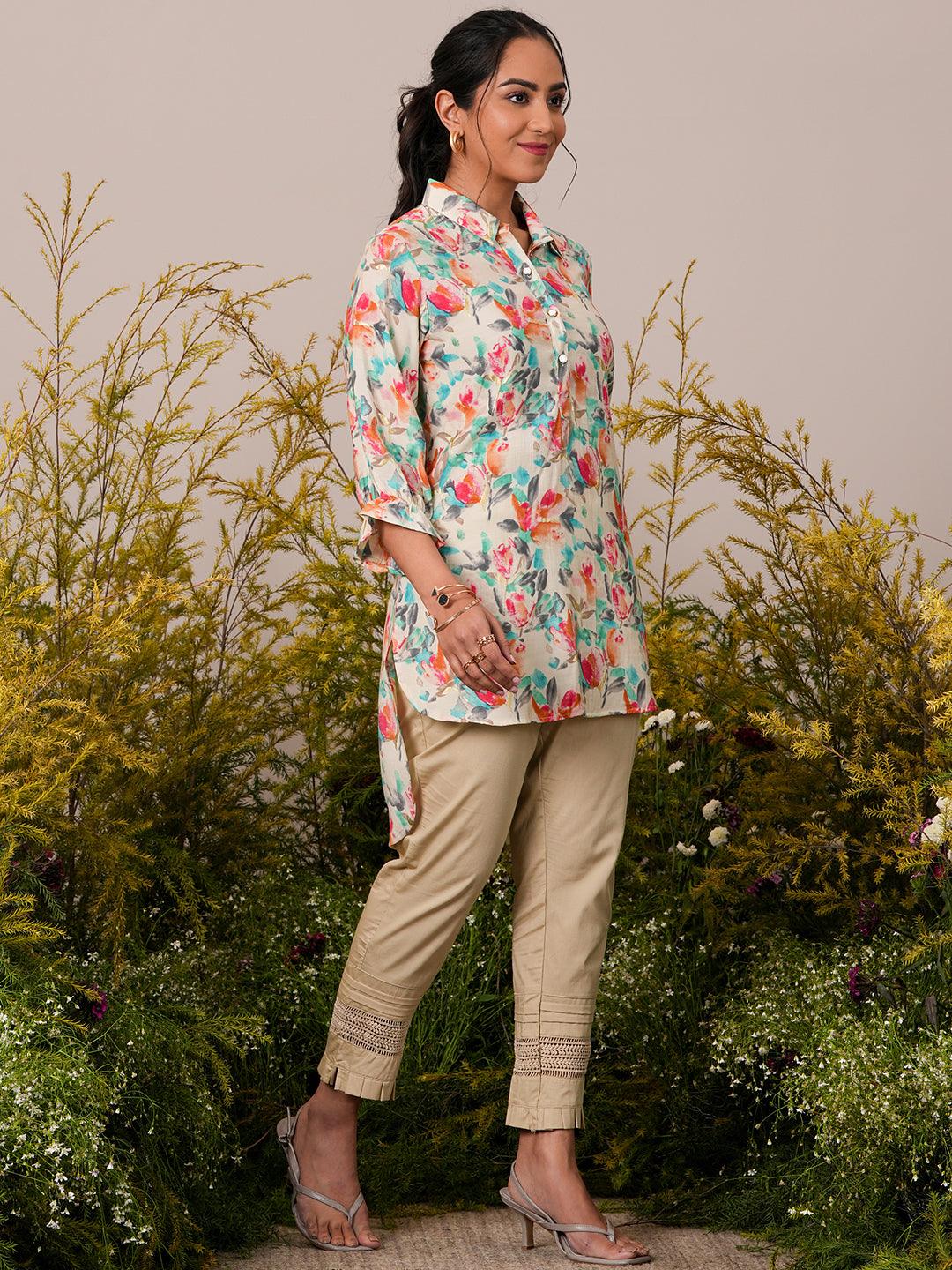 Cream Printed Silk Blend Pathani Kurti - Libas 