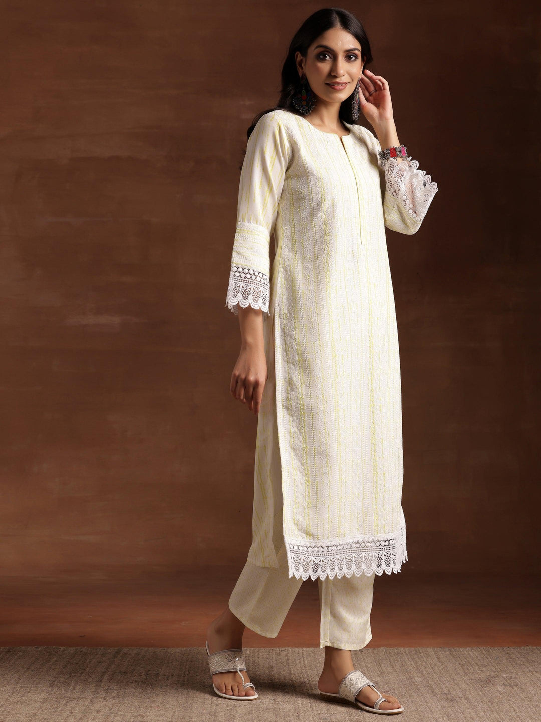 Off White Embroidered Cotton Blend Straight Suit With Dupatta - Libas 