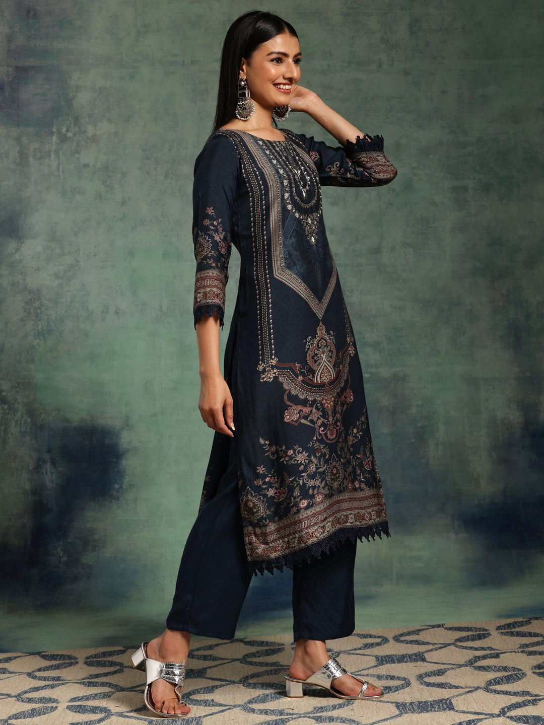 Blue Printed Silk Blend Straight Suit With Dupatta - Libas