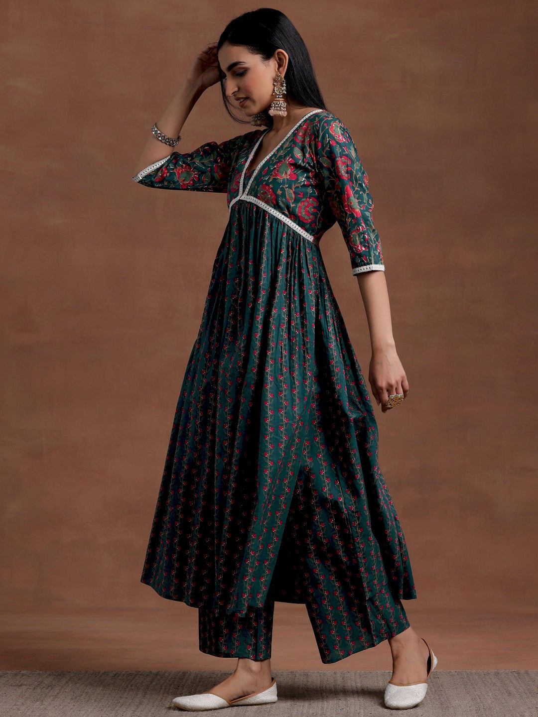 Blue Printed Cotton A-Line Kurta With Palazzos - Libas 