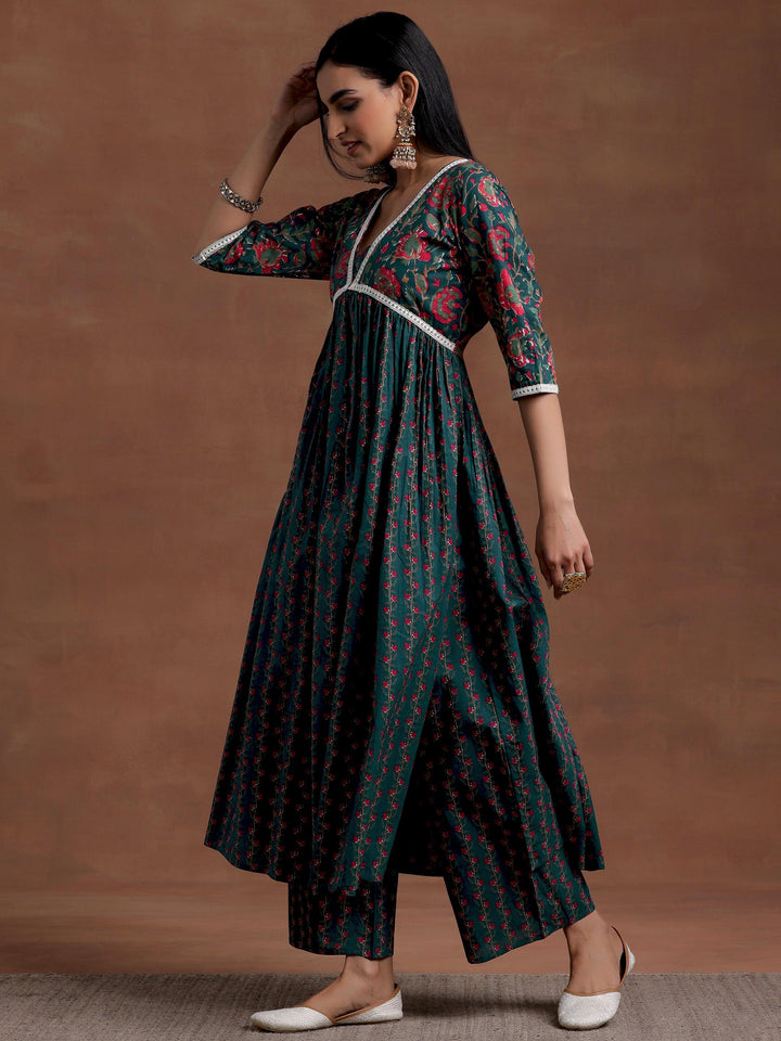 Blue Printed Cotton A-Line Kurta With Palazzos - Libas