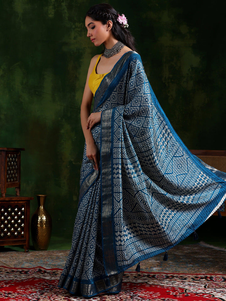 Blue Printed Silk Blend Saree With Unstitched Blouse Piece - Libas