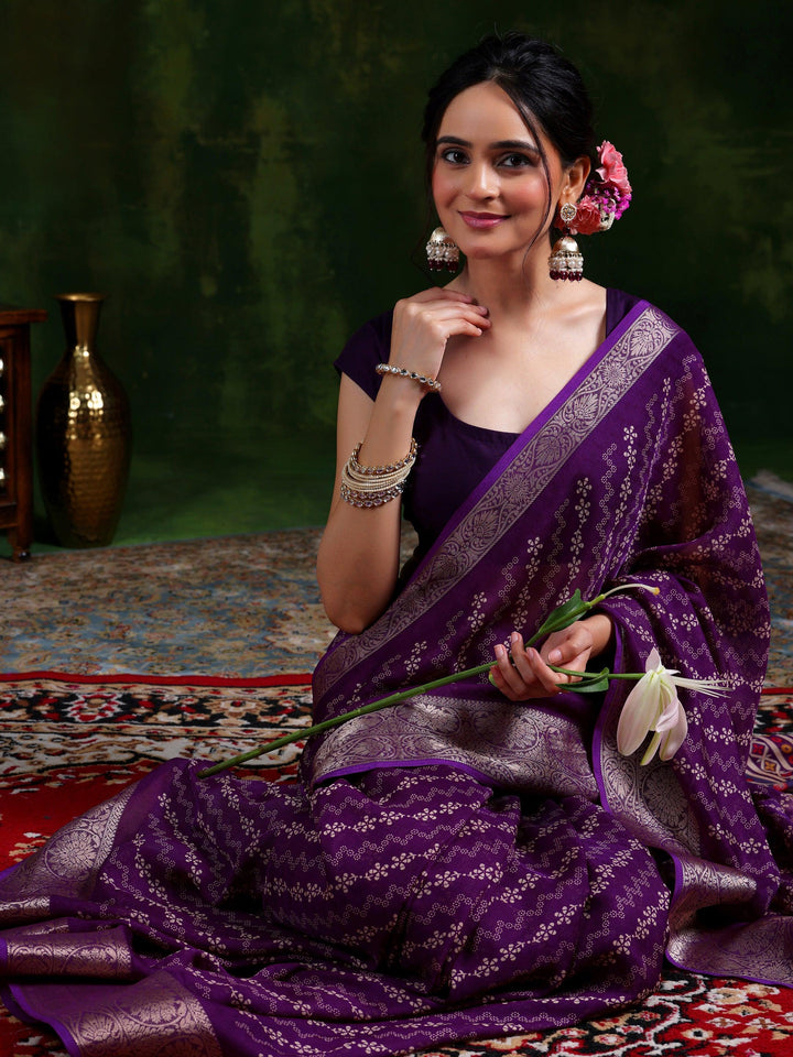 Wine Printed Silk Blend Saree With Unstitched Blouse Piece - Libas