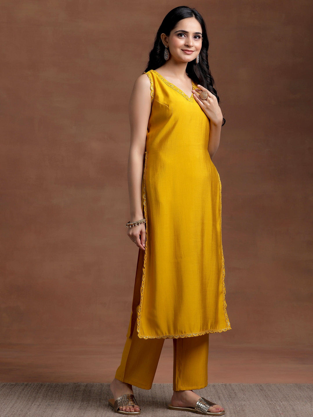 Mustard Solid Silk Blend Straight Suit With Dupatta - Libas