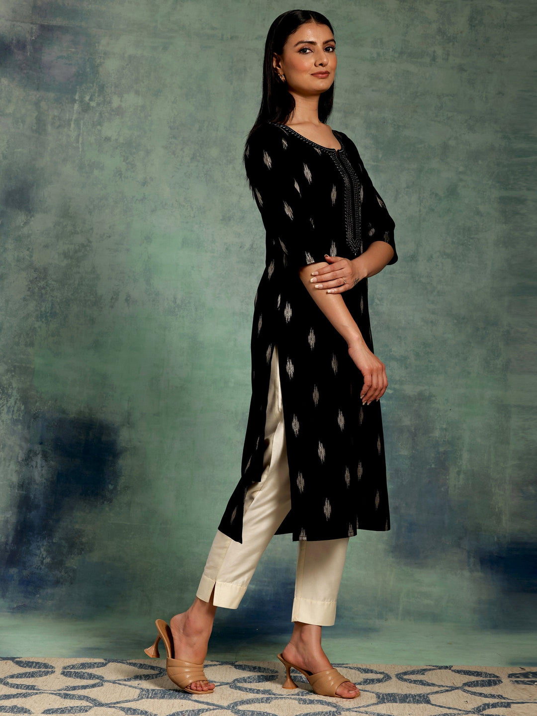 Black Embroidered Rayon Straight Kurta - Libas 