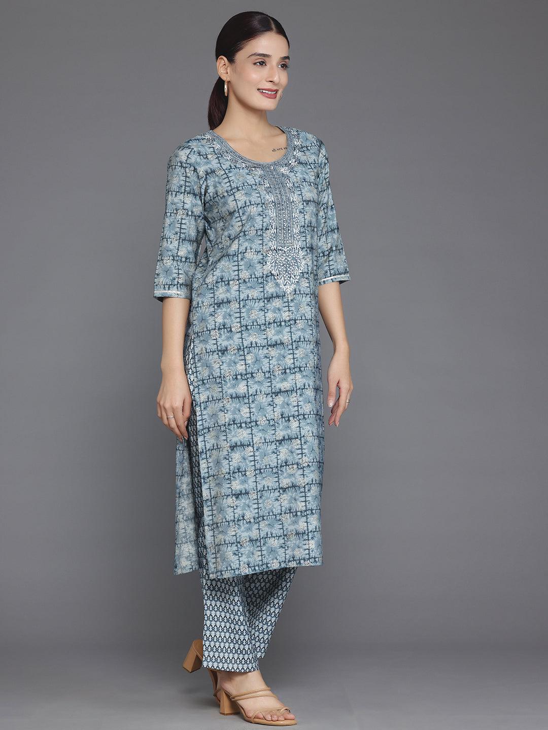 Grey Printed Silk Blend Straight Suit With Dupatta - Libas