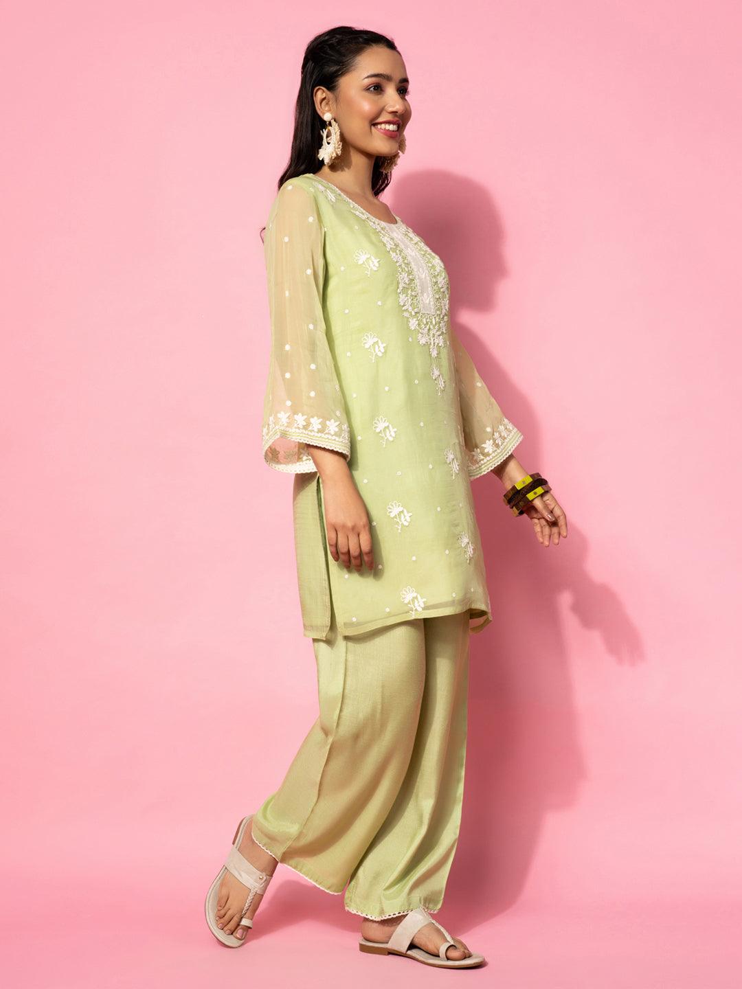 Green Embroidered Silk Blend Co-Ords - Libas