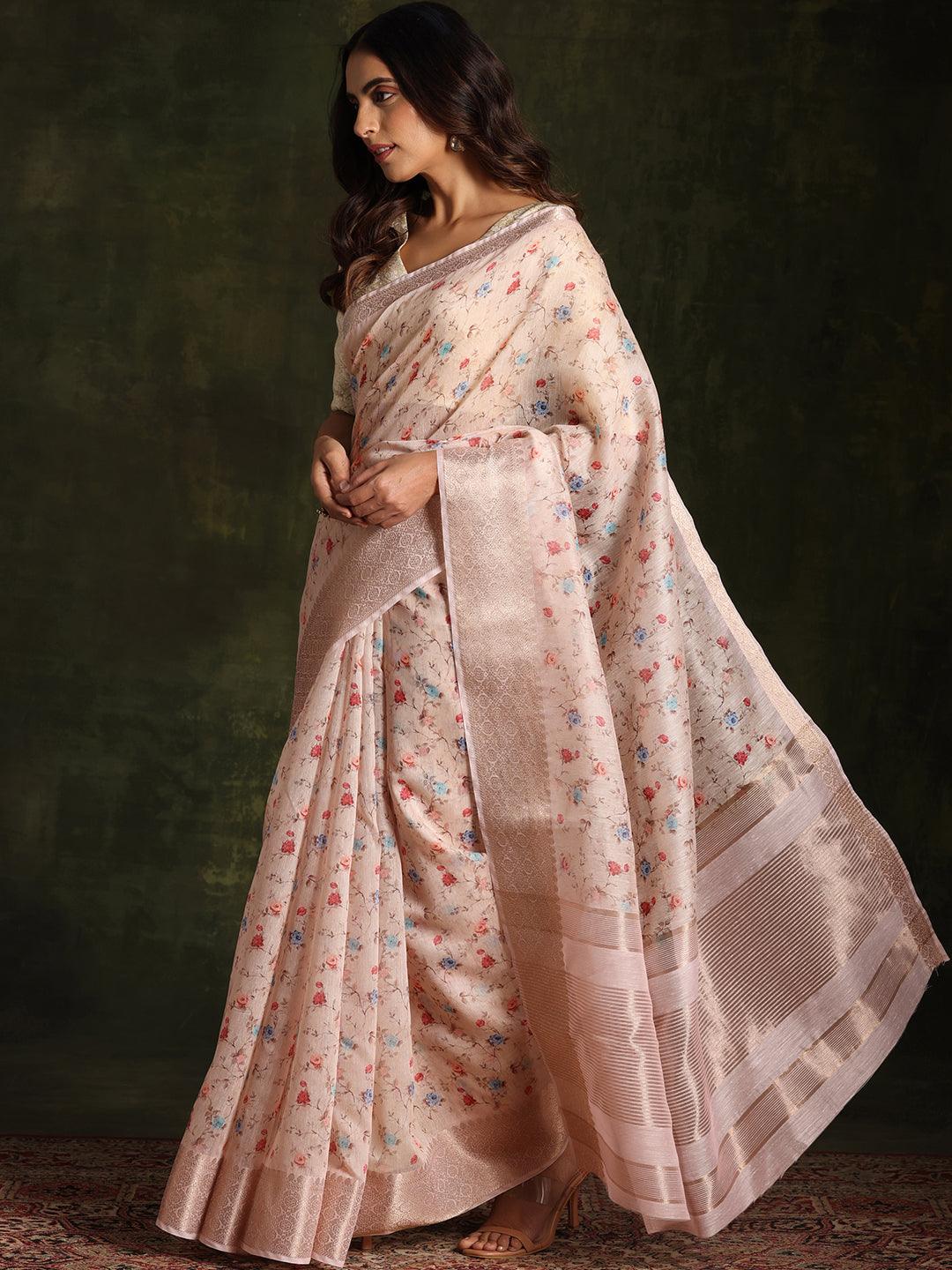 Beige Printed Silk Blend Saree With Unstitched Blouse Piece - Libas