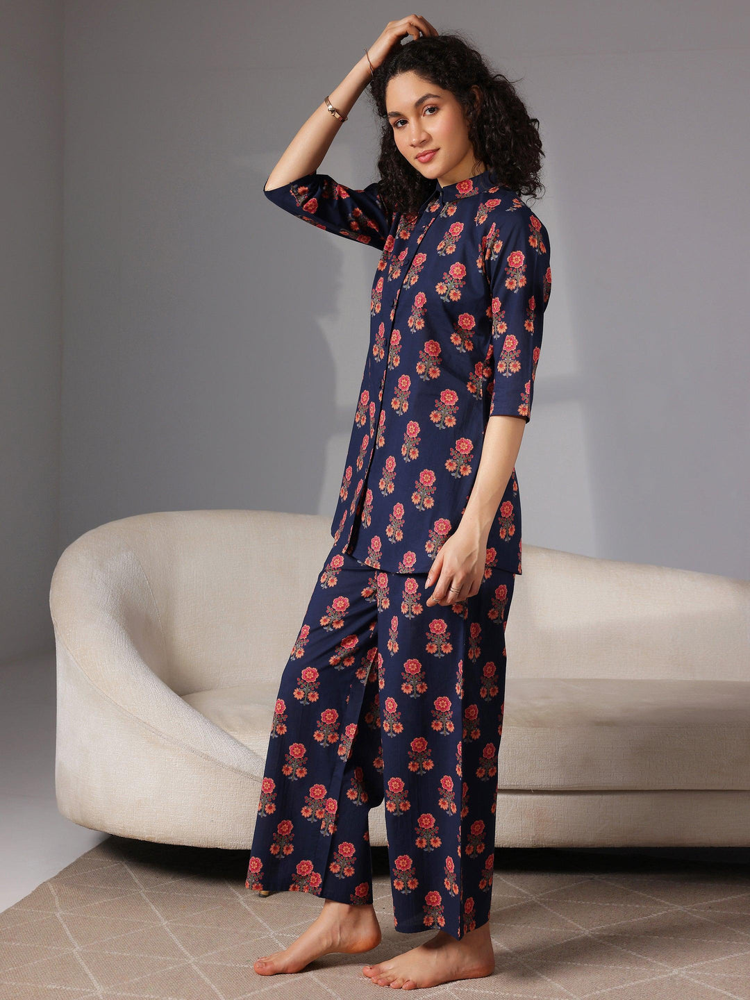 Blue Printed Cotton Night Suits - Libas