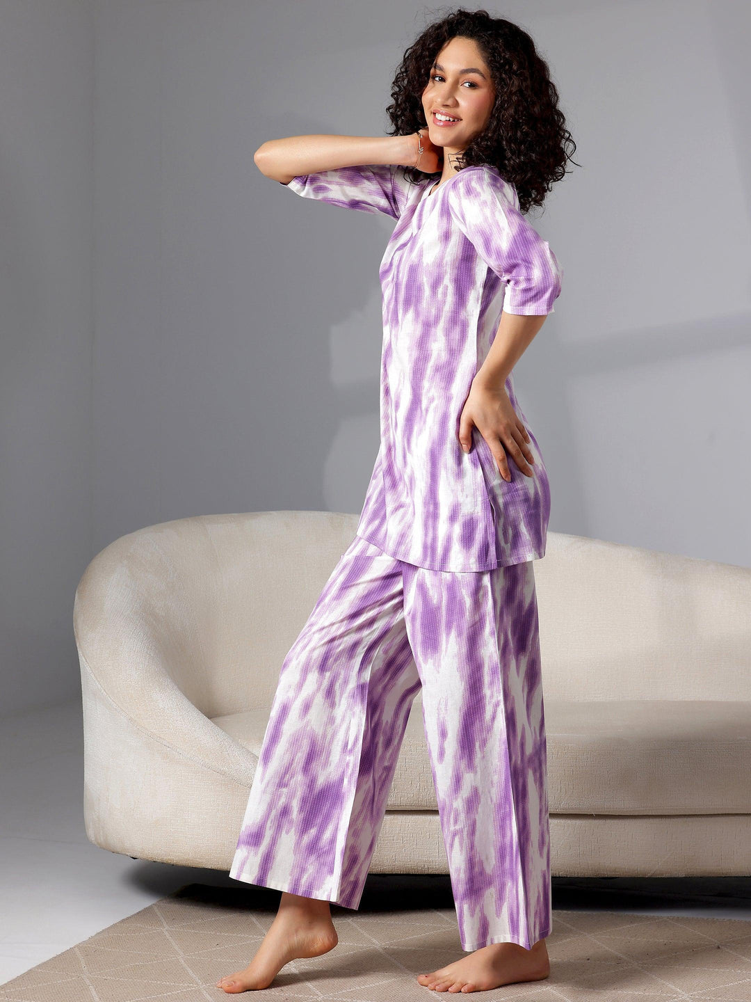 Purple Printed Cotton Night Suits - Libas 