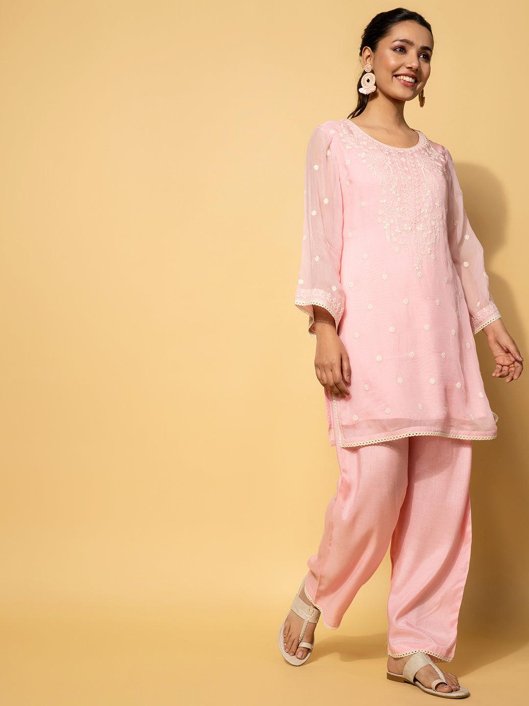 Pink Embroidered Silk Blend Co-Ords - Libas