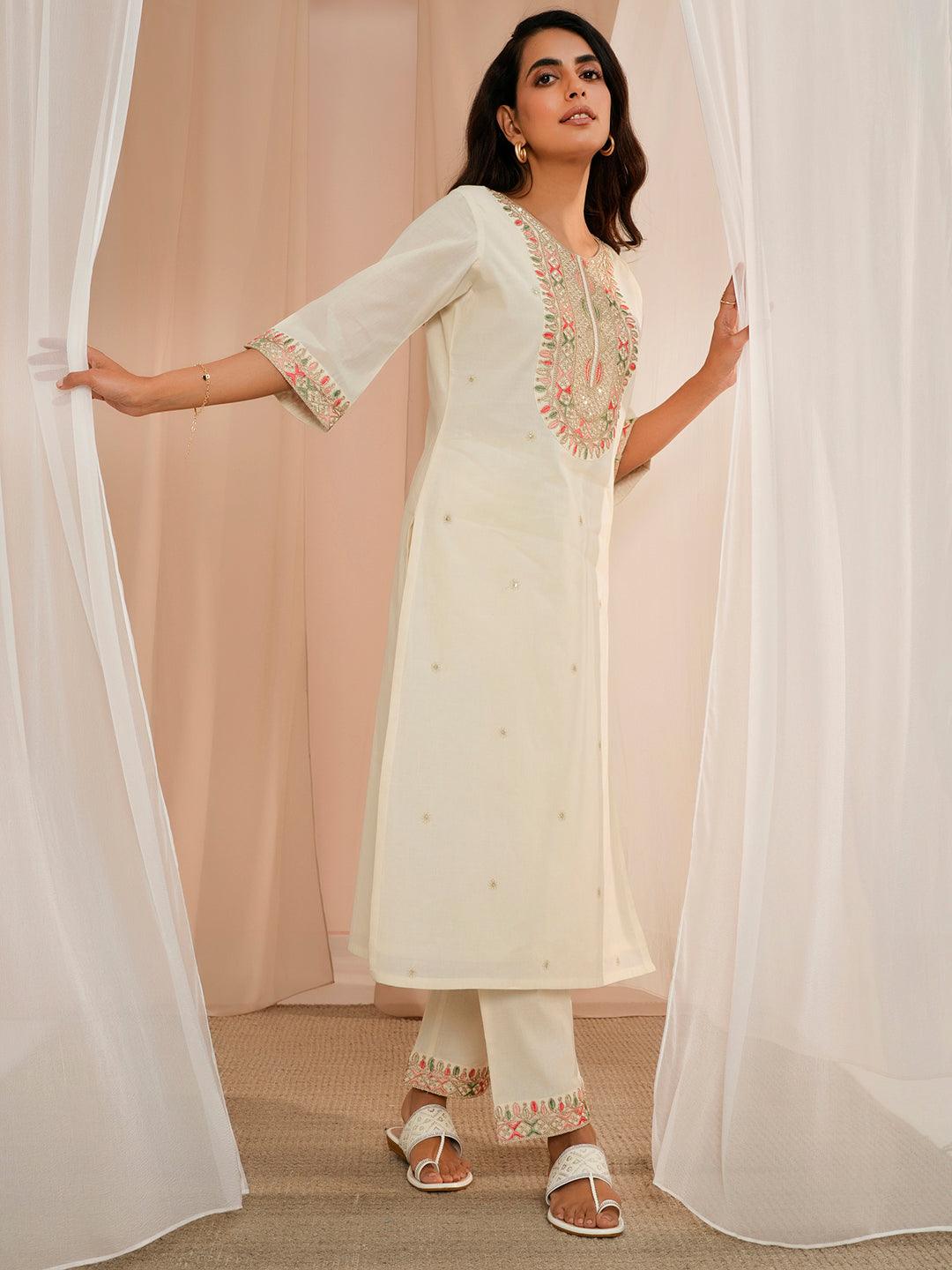 Off White Embroidered Cotton Straight Suit With Dupatta - Libas 