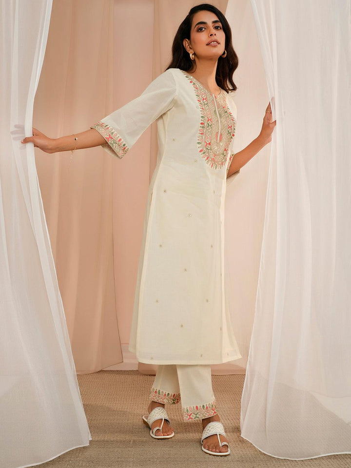 Off White Embroidered Cotton Straight Suit With Dupatta - Libas