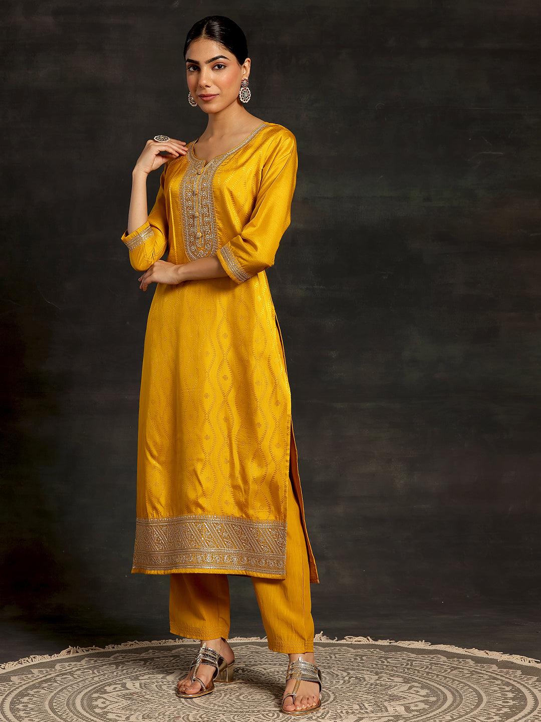 Mustard Woven Design Silk Blend Straight Suit With Dupatta - Libas 