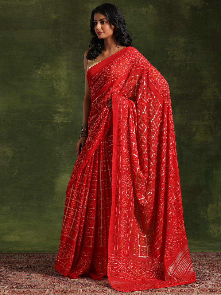 Red Printed Poly Georgette Saree With Unstitched Blouse Piece - Libas