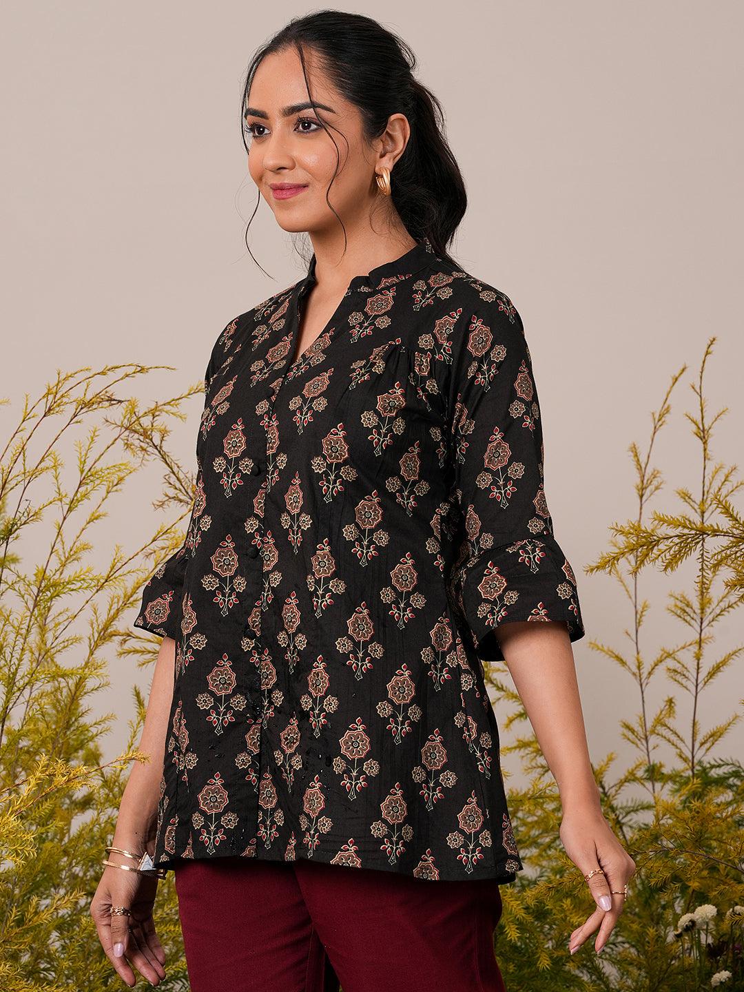 Black Printed Cotton Straight Kurti - Libas