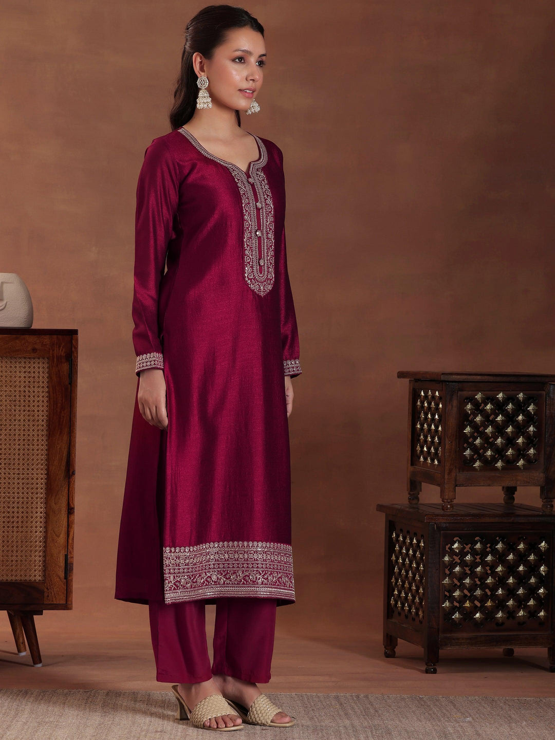 Maroon Embroidered Silk Blend Straight Suit With Dupatta - Libas 