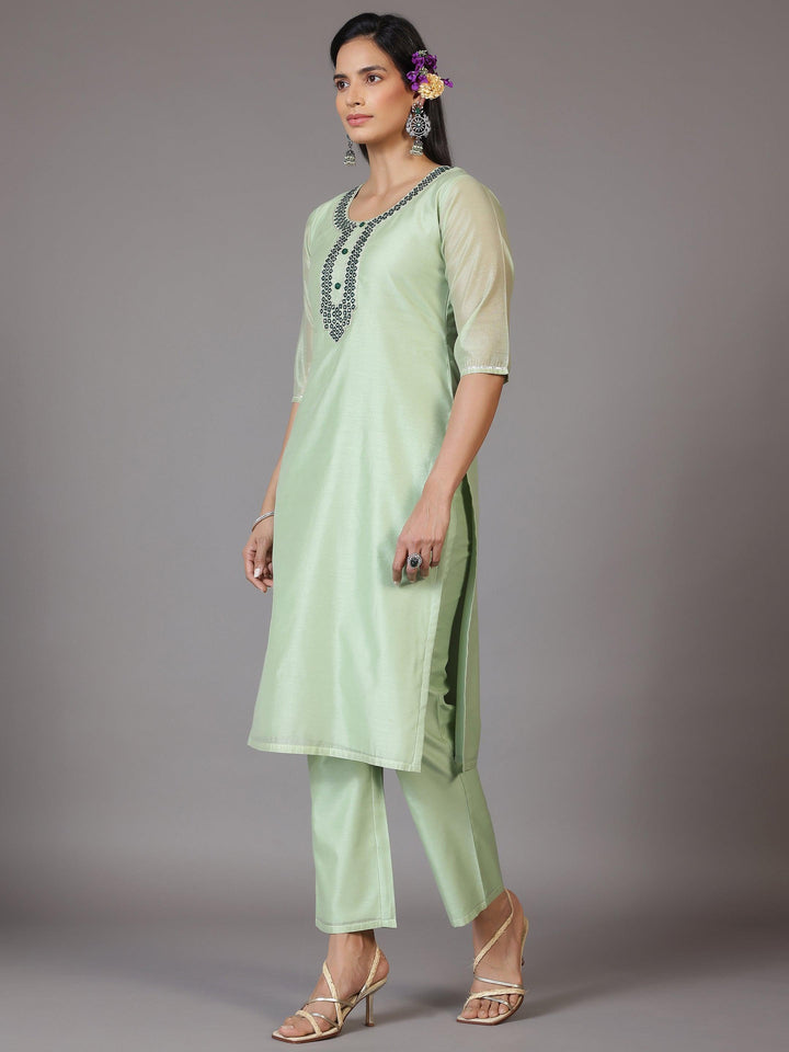 Green Yoke Design Chanderi Silk Straight Kurta With Trousers & Dupatta - Libas