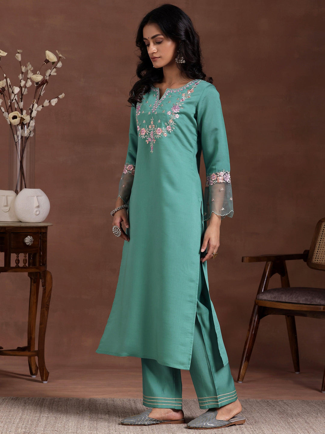 Green Yoke Design Silk Blend Straight Suit With Dupatta - Libas 