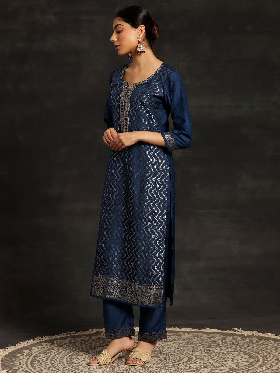 Blue Woven Design Silk Blend Straight Suit With Dupatta - Libas