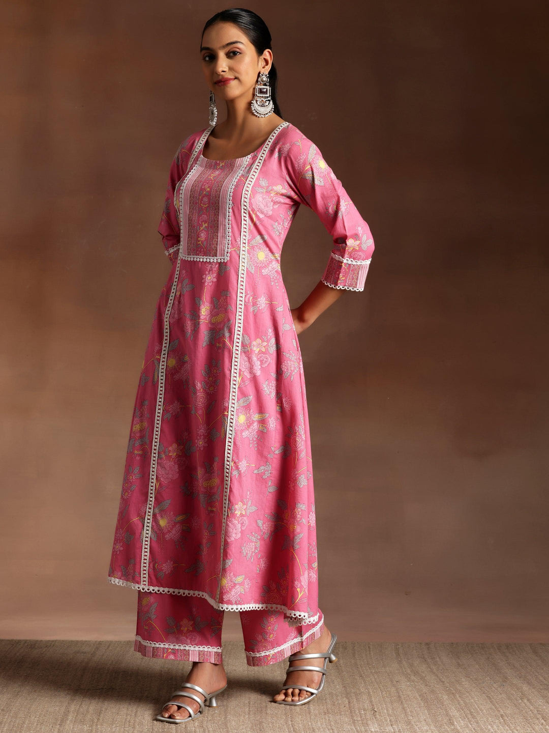 Rukhsaar Pink Printed Cotton A-Line Kurta With Palazzos - Libas 