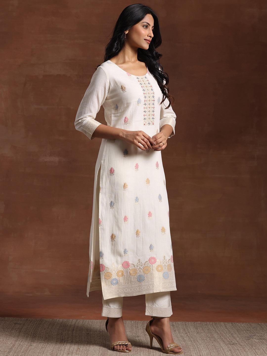 Off White Woven Design Cotton Straight Suit With Dupatta - Libas 