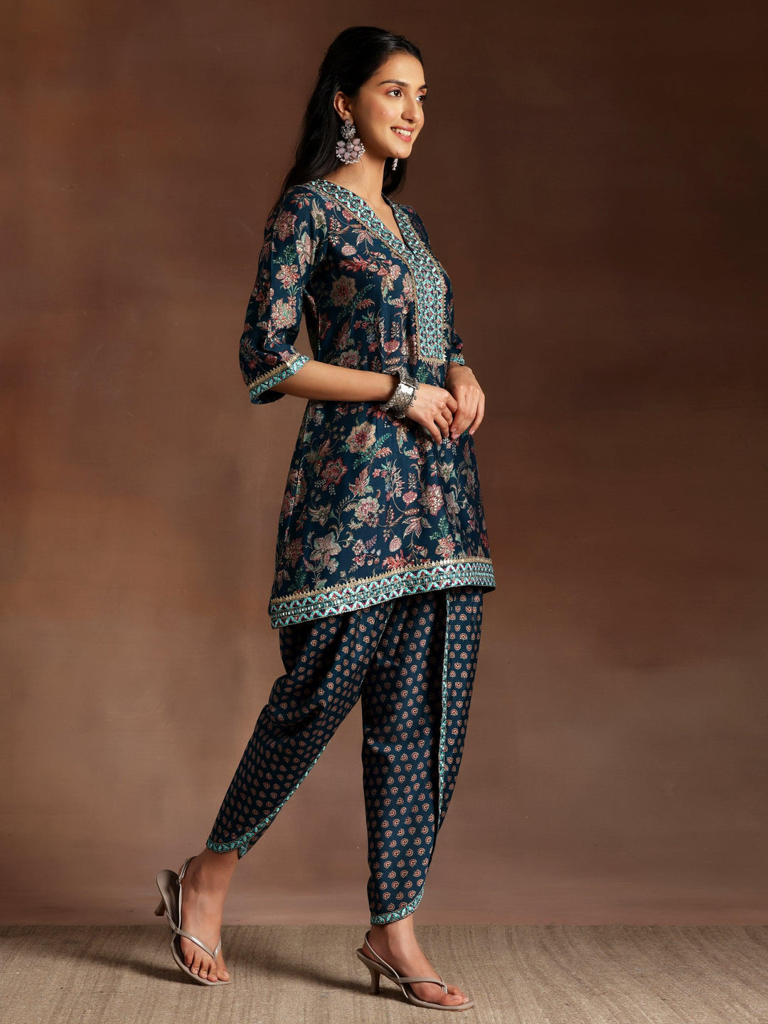 Blue Printed Silk Blend Straight Suit With Dupatta - Libas 