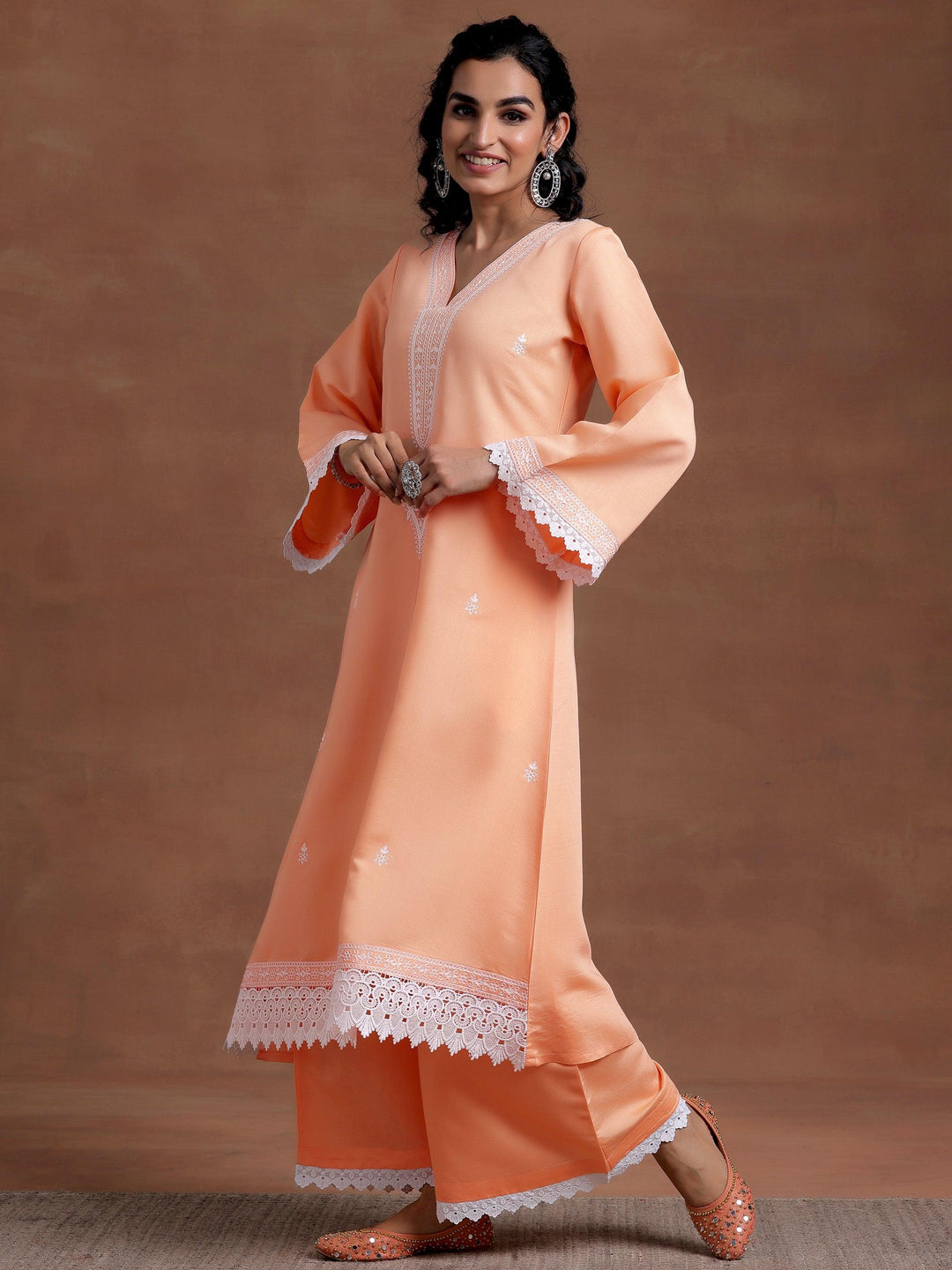 Peach Embroidered Silk Blend A-Line Kurta With Palazzos & Dupatta - Libas 