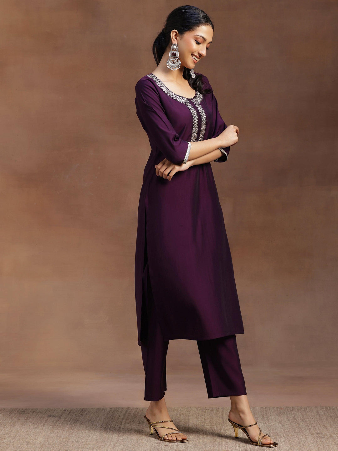 Purple Embroidered Silk Blend Straight Suit With Dupatta - Libas 