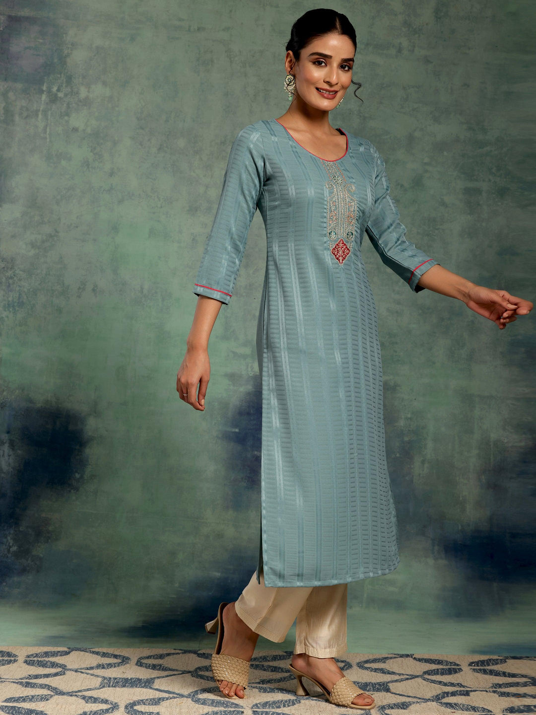 Blue Yoke Design Silk Straight Kurta - Libas 