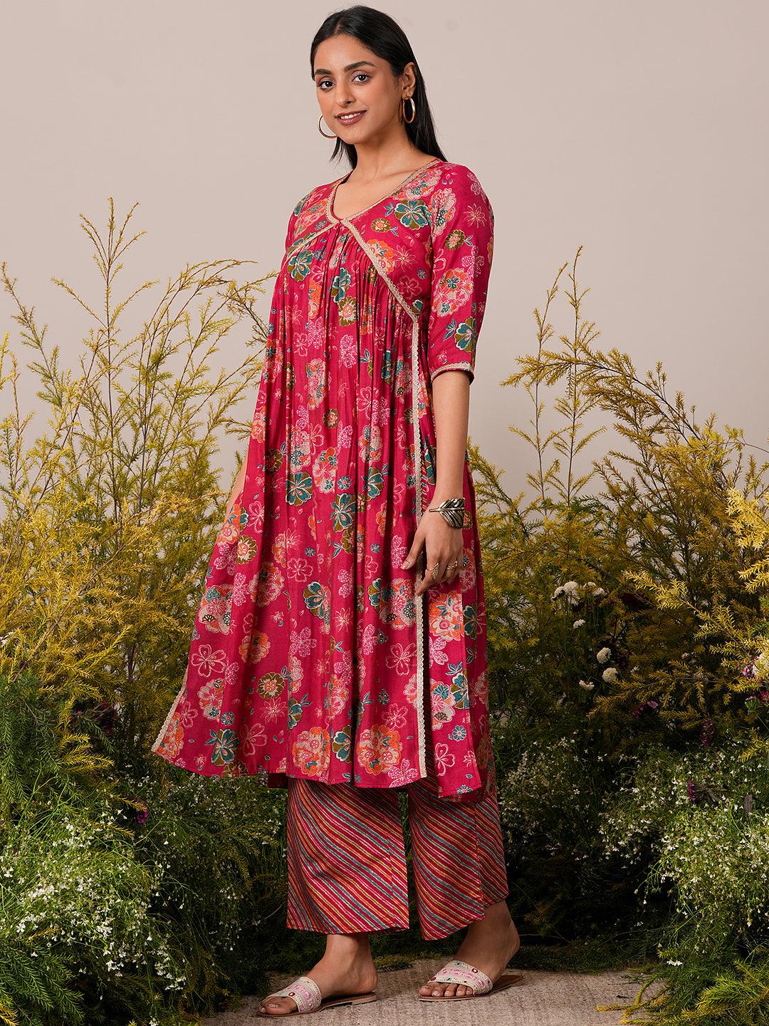 Pink Printed Silk Blend A-Line Kurta With Palazzos & Dupatta - Libas 