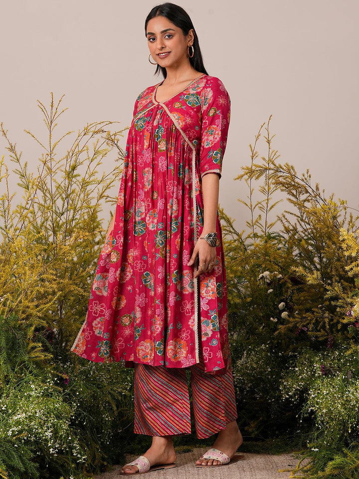 Pink Printed Silk Blend A-Line Kurta With Palazzos & Dupatta - Libas