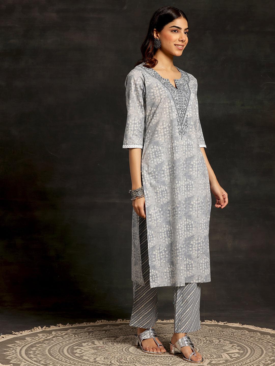 Grey Printed Cotton Straight Suit With Dupatta - Libas