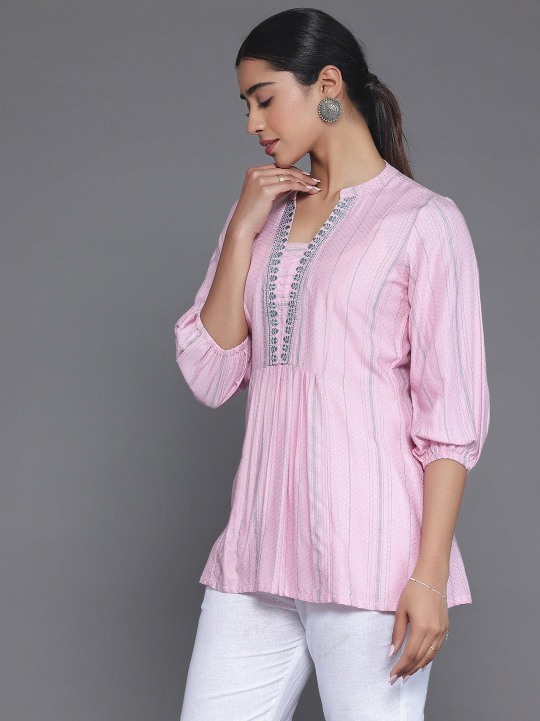 Pink Woven Design Cotton Blend Straight Kurti - Libas